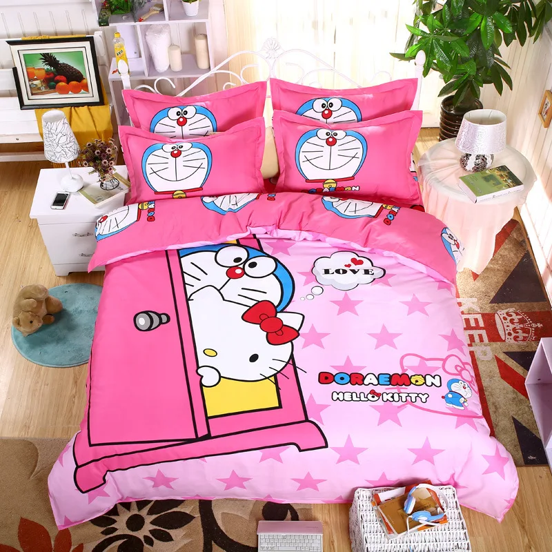 Doraemon & Kitty Cartoon Duvet Cover Soft Linen Kawaii Bedding Set