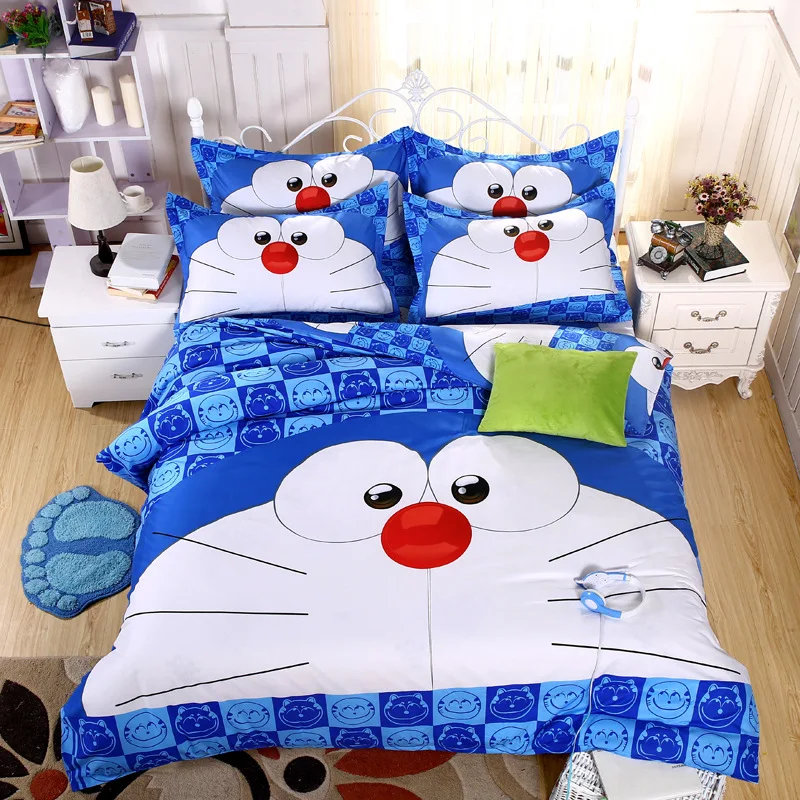 Doraemon & Kitty Cartoon Duvet Cover Soft Linen Kawaii Bedding Set