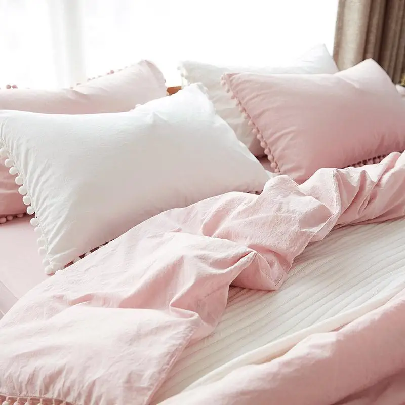 Kawaii Washed Ball Duvet Cover White Pink Bedding Set
