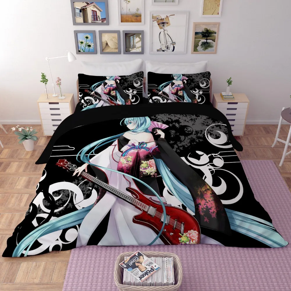 Cool Blue & Black Kawaii Girl Anime Bedding Set
