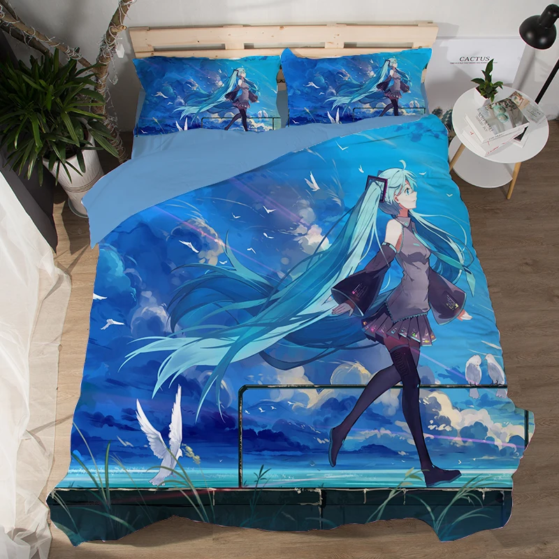 Cool Blue & Black Kawaii Girl Anime Bedding Set