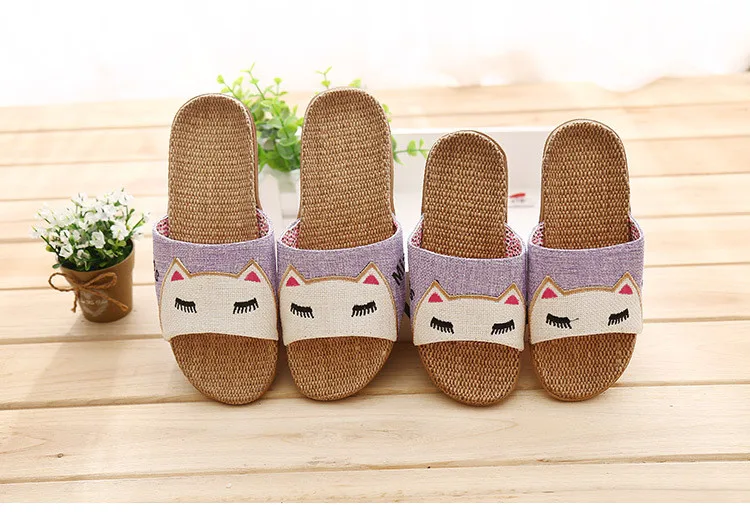 Cat Flip Flops Breathable Indoor Linen Slippers