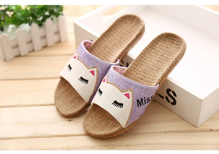 Cat Flip Flops Breathable Indoor Linen Slippers
