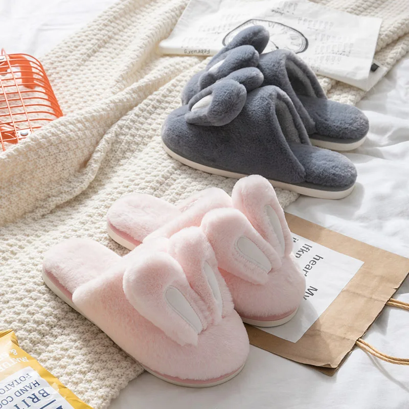 Rabbit With Ear Plush Flat Indoor Slipper