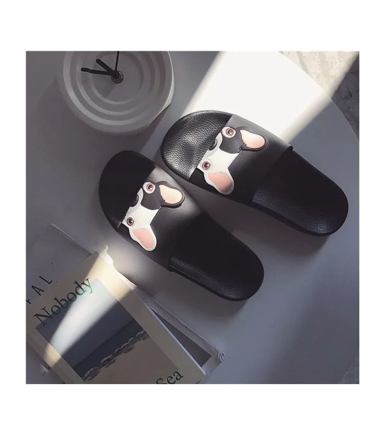 Dog Cartoon Leather Flat Heels Flip Flops Barefoot Slipper