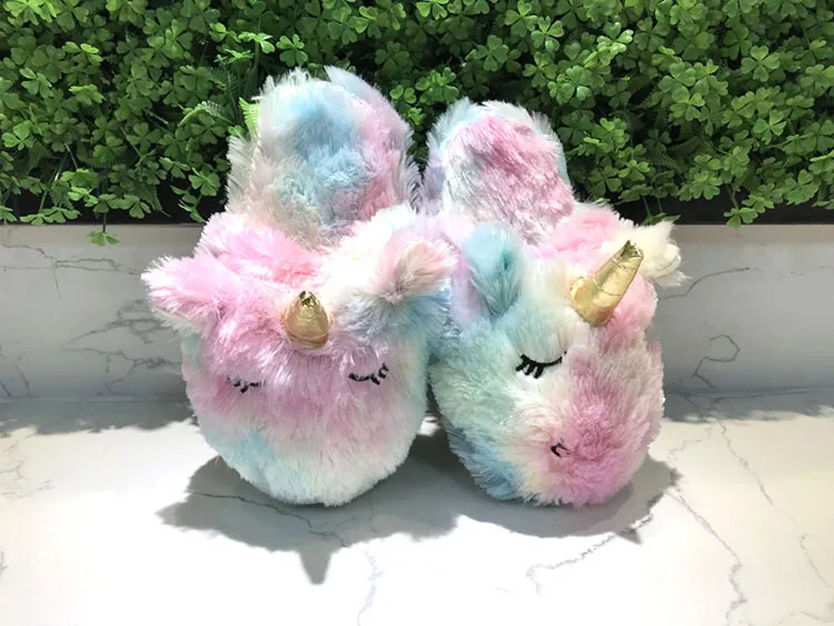 Cute Colorful Velvet Rainbow Unicorn Soft Stuffed Indoor Slippers
