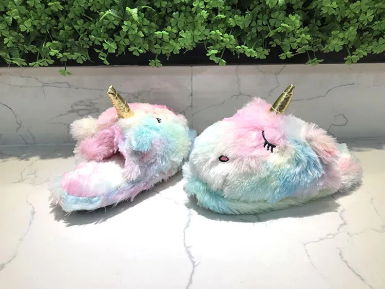 Cute Colorful Velvet Rainbow Unicorn Soft Stuffed Indoor Slippers