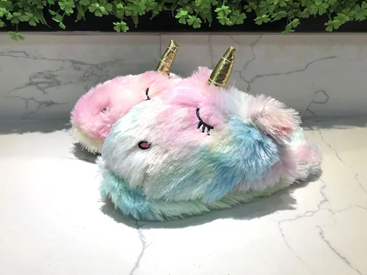 Cute Colorful Velvet Rainbow Unicorn Soft Stuffed Indoor Slippers