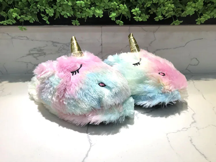 Cute Colorful Velvet Rainbow Unicorn Soft Stuffed Indoor Slippers