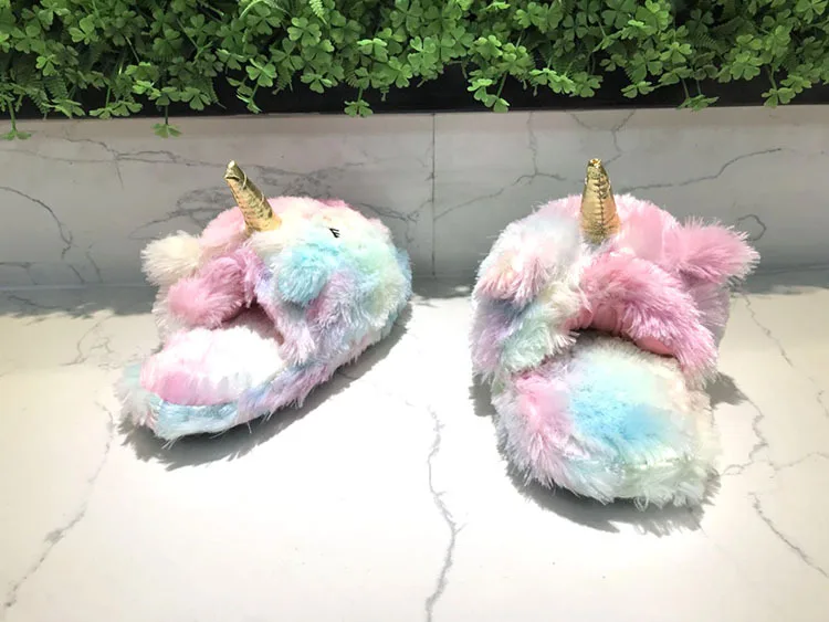 Cute Colorful Velvet Rainbow Unicorn Soft Stuffed Indoor Slippers