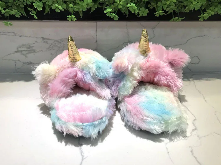 Cute Colorful Velvet Rainbow Unicorn Soft Stuffed Indoor Slippers