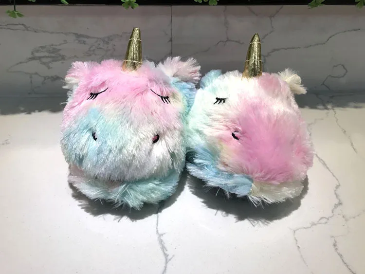 Cute Colorful Velvet Rainbow Unicorn Soft Stuffed Indoor Slippers