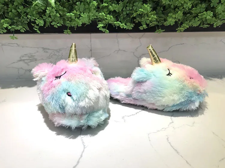 Cute Colorful Velvet Rainbow Unicorn Soft Stuffed Indoor Slippers