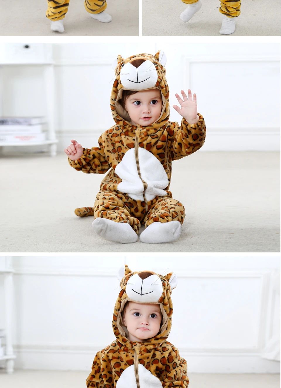 Cute Tiger, Panda, Chicken, Shark Jumpsuits / One Piece Hooded Rompers For Kids