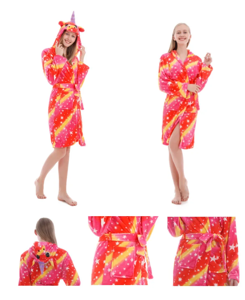 Unicorn Animal Hooded Rainbow Bath Robe Pajama Sleepwear