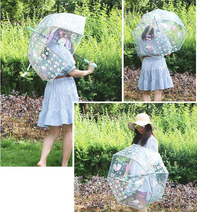 Rainbow Unicorn Transparent Semi Automatic Cartoon Umbrella