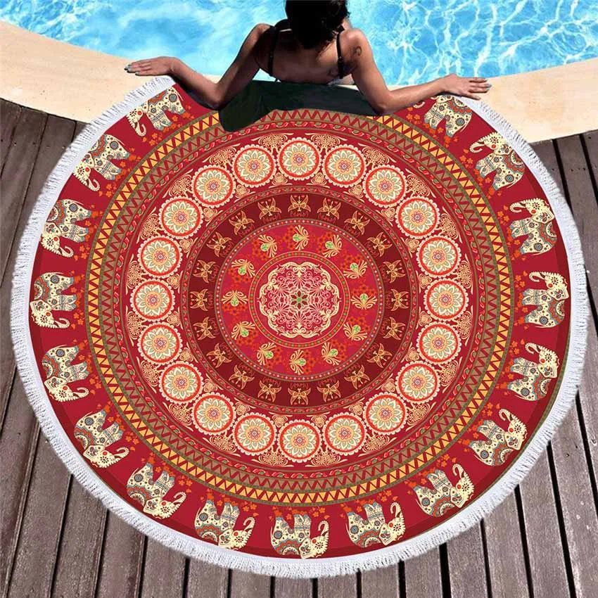Bohemian Geometric Colorful Round Beach Towel With Tassel