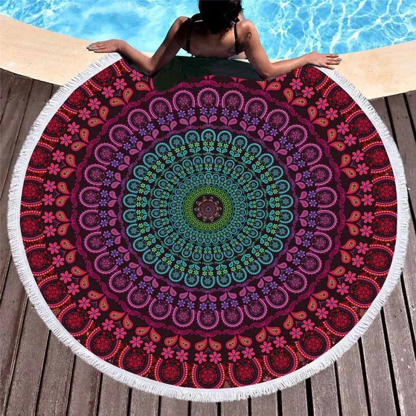 Bohemian Geometric Colorful Round Beach Towel With Tassel