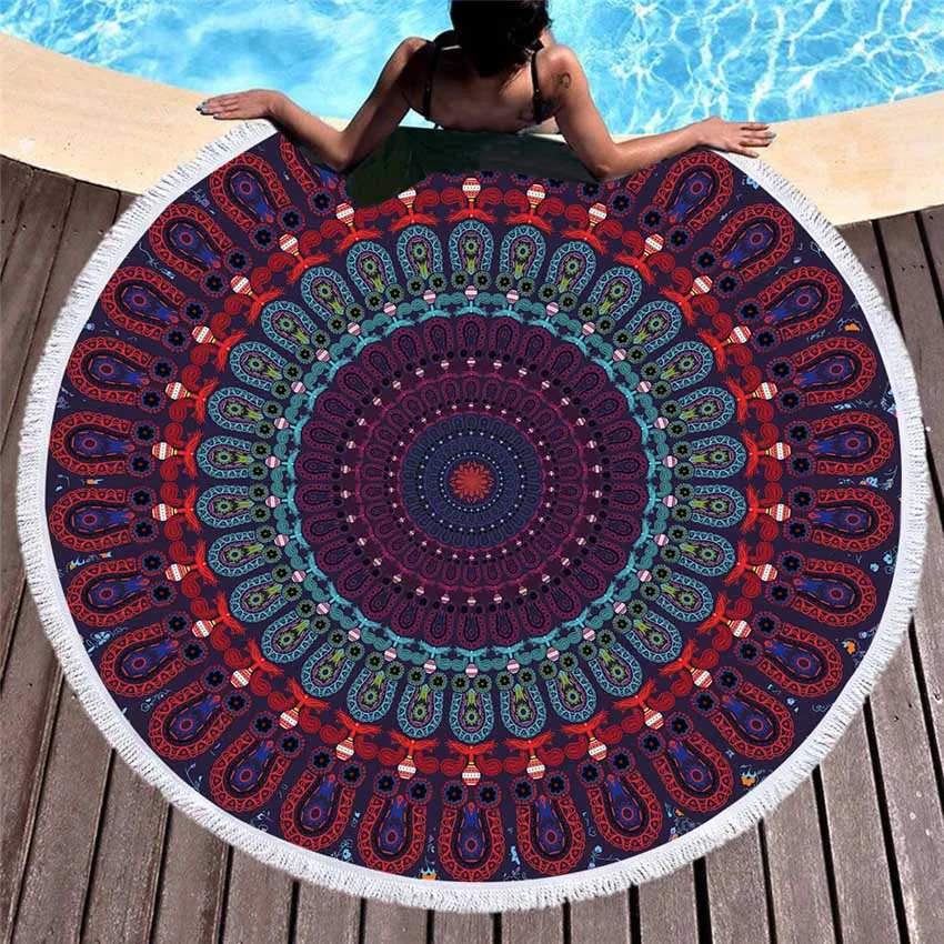 Bohemian Geometric Colorful Round Beach Towel With Tassel