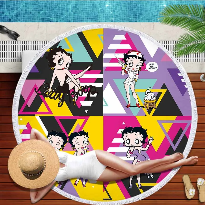 Betty Boop Swimming Round Towel Microfiber With Tassels Betty Boop Swimming Round Towel Microfiber With Tassels