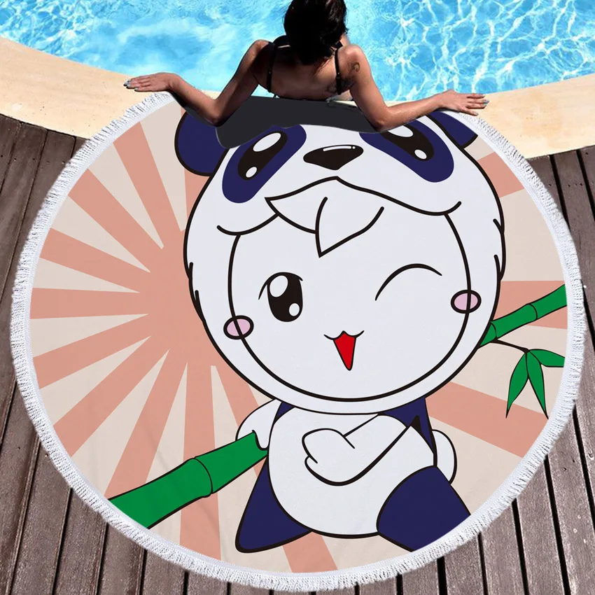 Cartoon Panda Print Round Thick Microfiber Beach Towel
