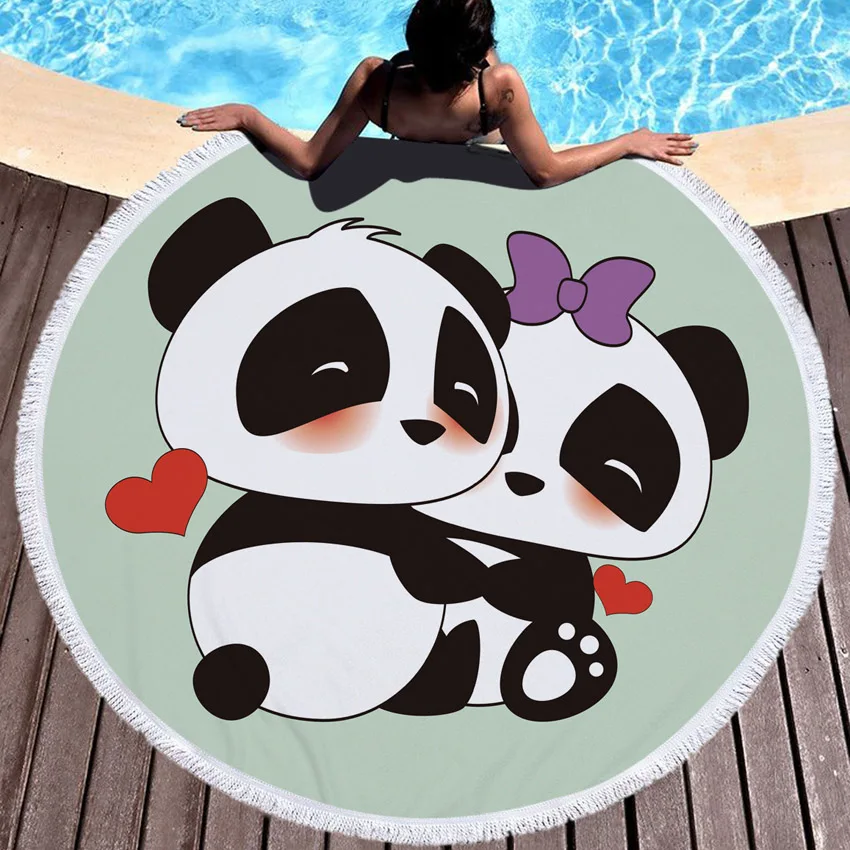 Cartoon Panda Print Round Thick Microfiber Beach Towel