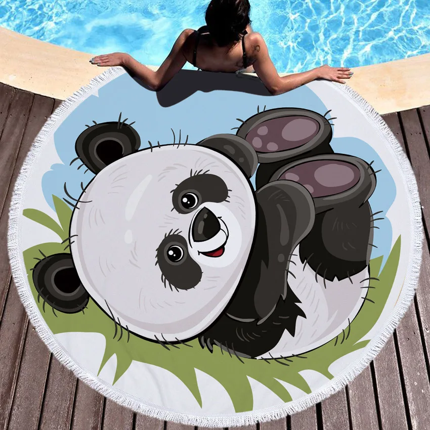 Cartoon Panda Print Round Thick Microfiber Beach Towel