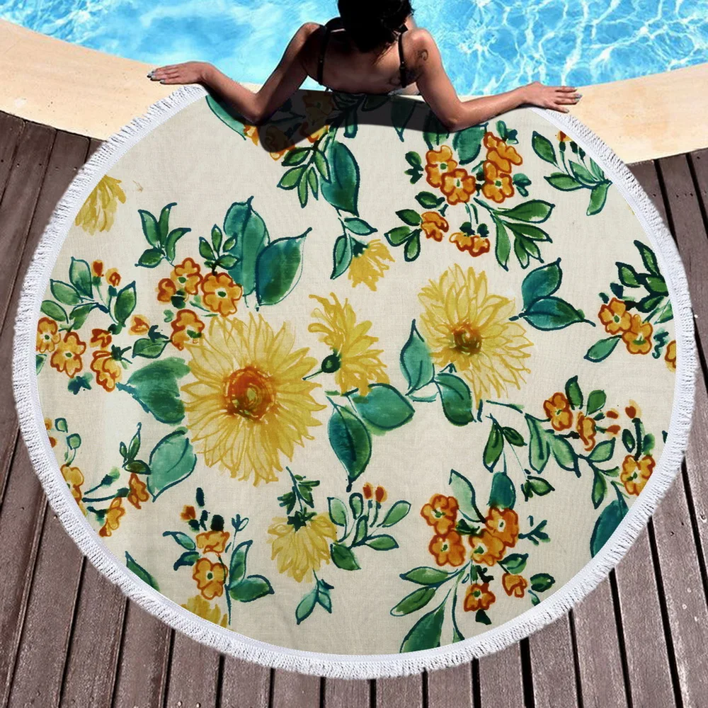 Printed Large Round Thick And Soft Beach Towel With Tassels Printed Large Round Thick And Soft Beach Towel With Tassels