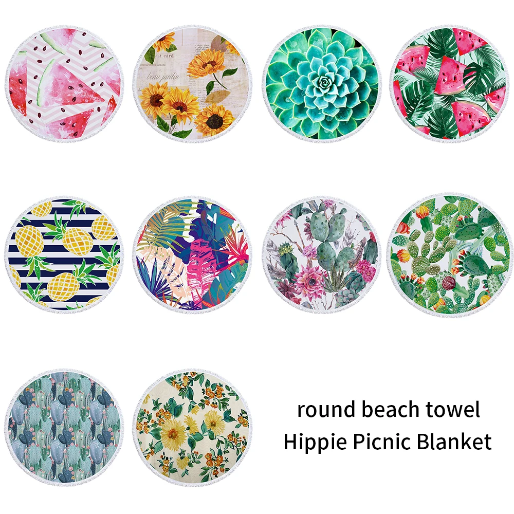 Printed Large Round Thick And Soft Beach Towel With Tassels Printed Large Round Thick And Soft Beach Towel With Tassels