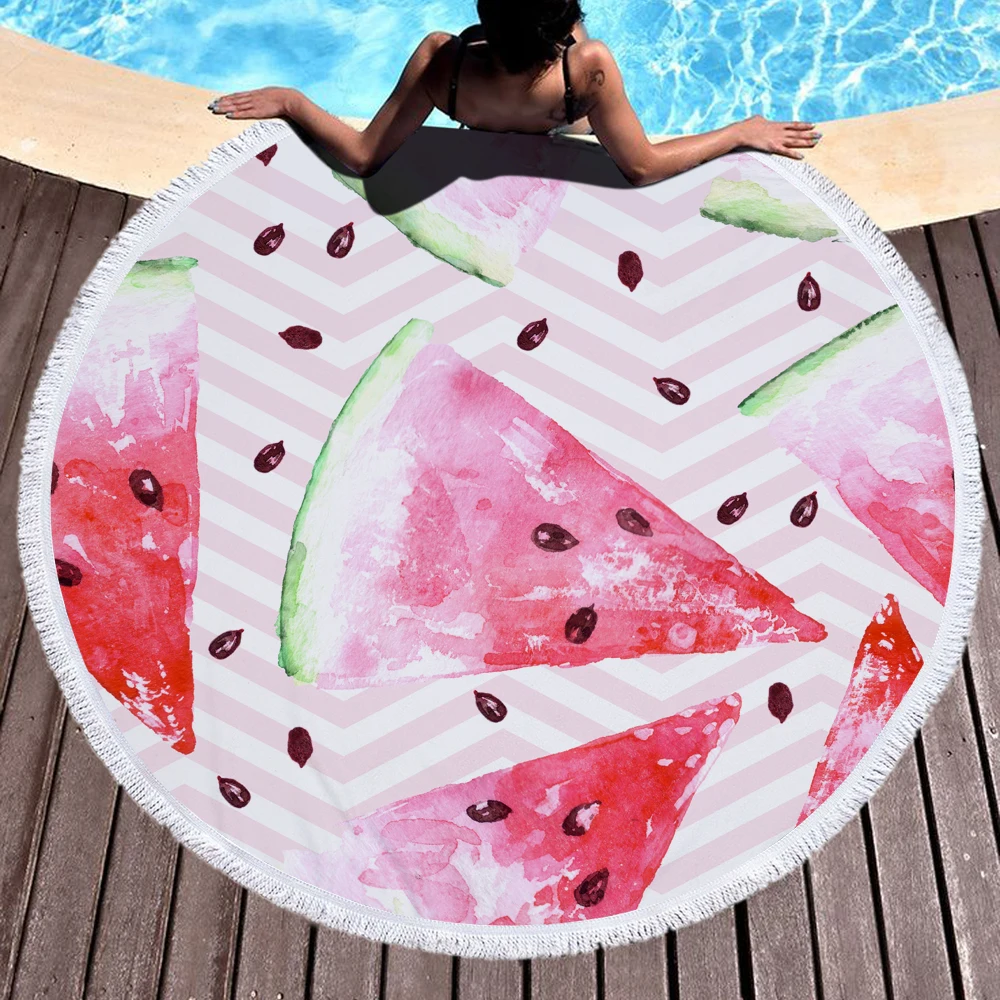 Printed Large Round Thick And Soft Beach Towel With Tassels Printed Large Round Thick And Soft Beach Towel With Tassels