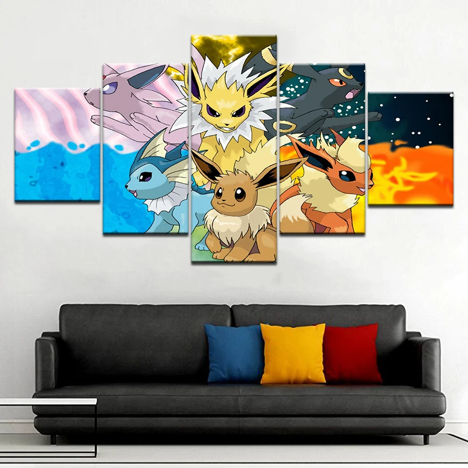 Pokemon Cartoon HD Oil Painting Canvas 5 Panel Poster