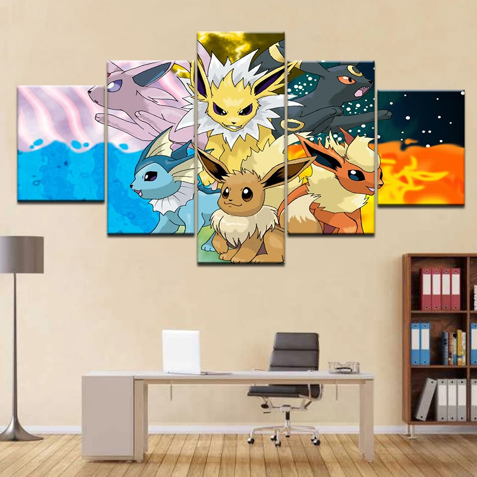 Pokemon Cartoon HD Oil Painting Canvas 5 Panel Poster
