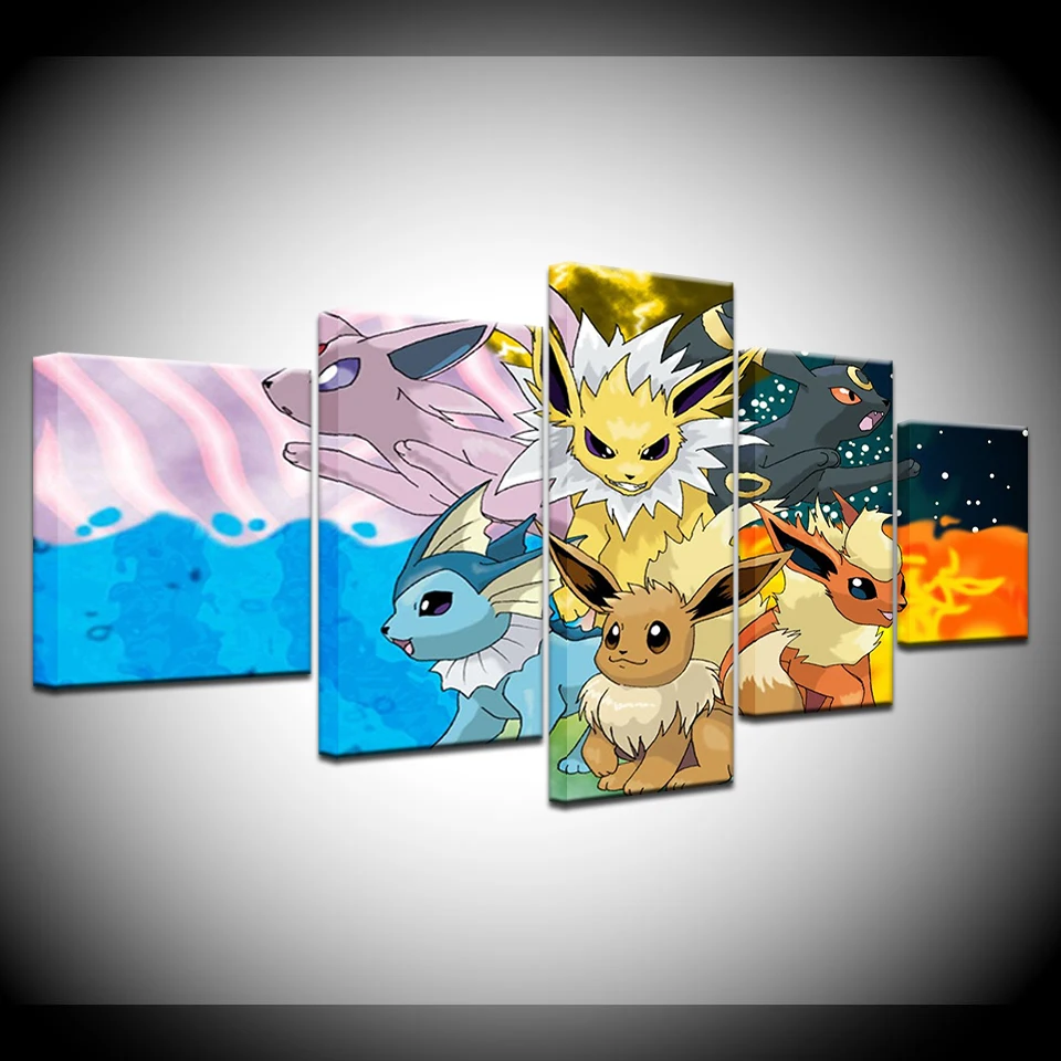 Pokemon Cartoon HD Oil Painting Canvas 5 Panel Poster