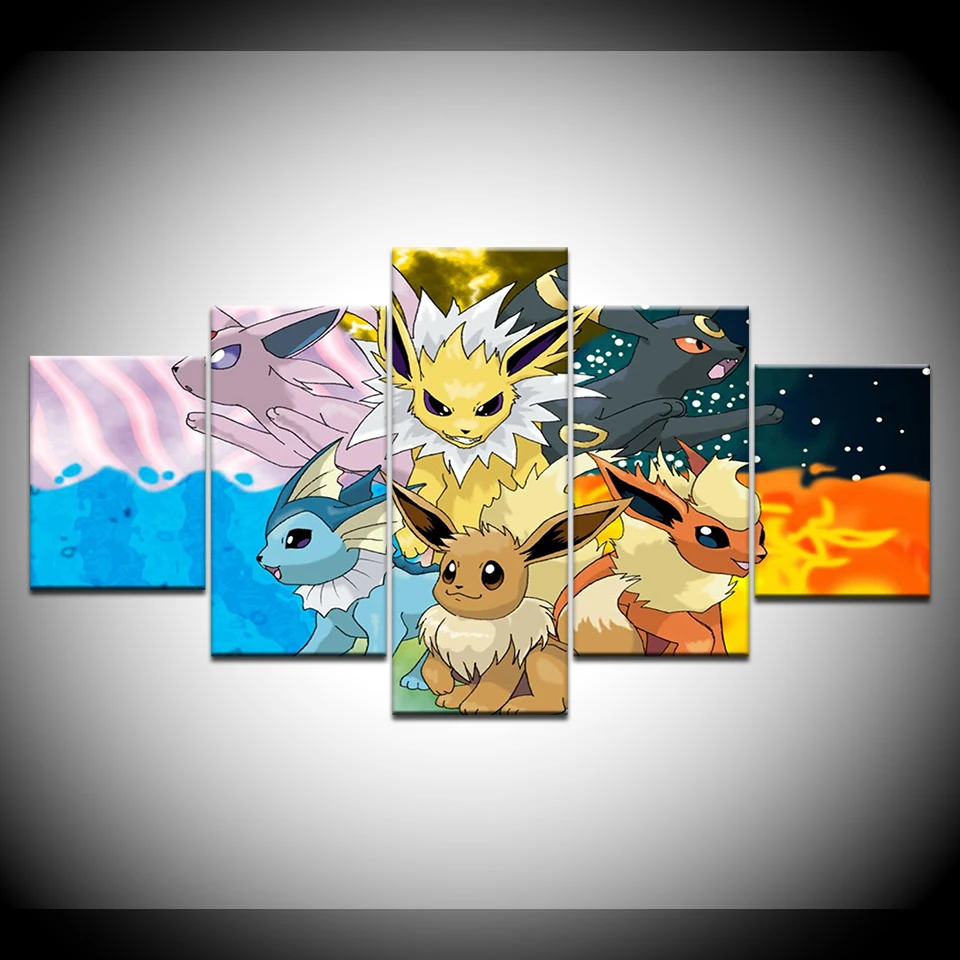 Pokemon Cartoon HD Oil Painting Canvas 5 Panel Poster