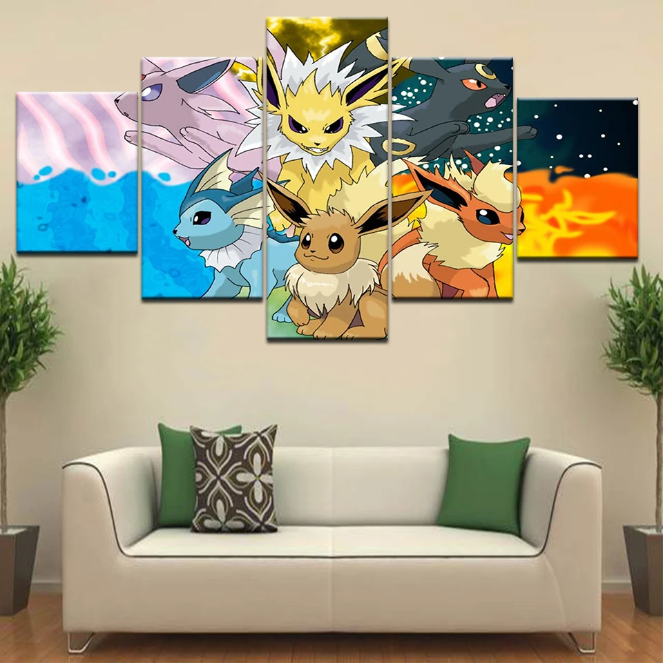 Pokemon Cartoon HD Oil Painting Canvas 5 Panel Poster