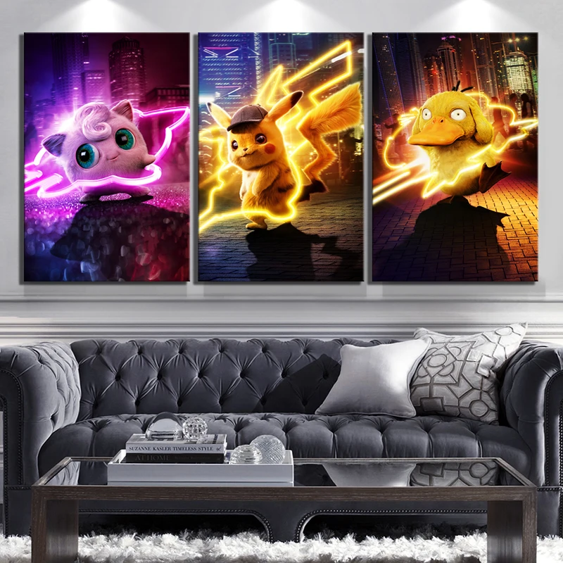 Pokemon Detective Pikachu Movie Cartoon Painting Canvas 3 Panel Wall Art Poster