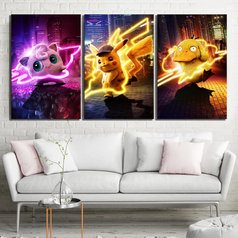 Pokemon Detective Pikachu Movie Cartoon Painting Canvas 3 Panel Wall Art Poster