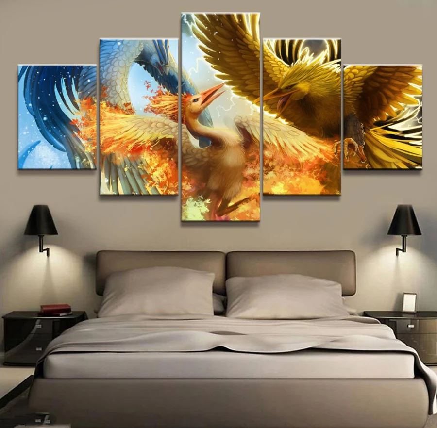 Pokemon Zapdos/Articuno/Moltres Painting Canvas 5 Panel Wall Art Poster