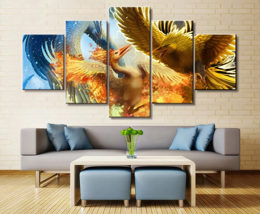 Pokemon Zapdos/Articuno/Moltres Painting Canvas 5 Panel Wall Art Poster