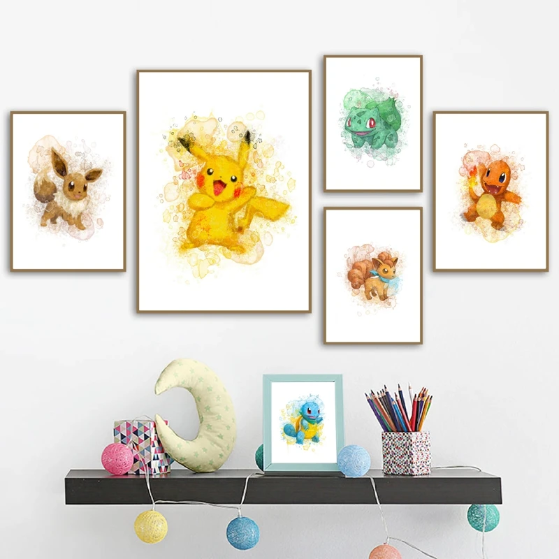 Pokemon Pikachu Eevee Squirtle Vulpix Charmander Watercolor Wall Art Posters
