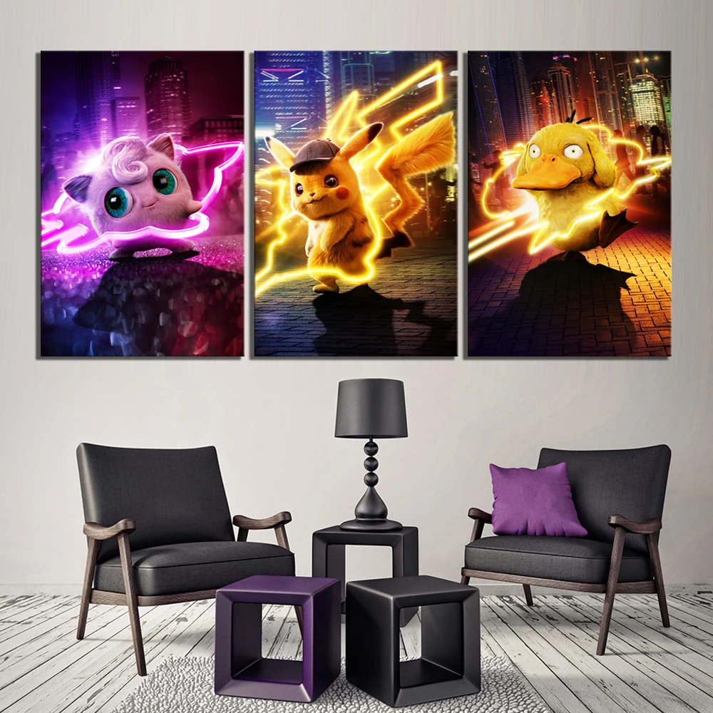 Detective Pikachu Jigglypuff Anime 3 Piece Paintings Poster