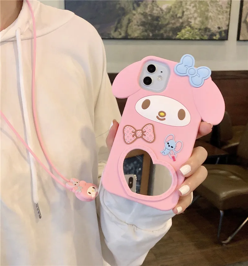 My Melody Cat 3D Cartoon Soft Silicone Mirror Case With Lanyard
