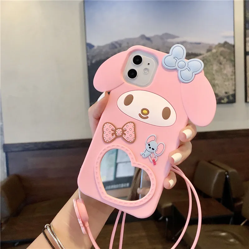 My Melody Cat 3D Cartoon Soft Silicone Mirror Case With Lanyard