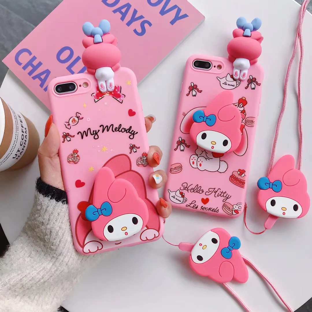 My Melody Cartoon Doll Makeup Mirror Phone Case With Lanyard