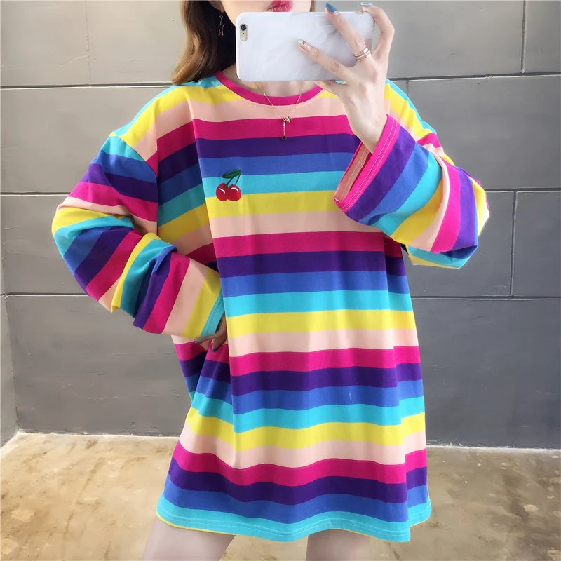 Harajuku Kawaii Rainbow Striped Oversized Long Sleeve T-Shirt Harajuku Kawaii Rainbow Striped Oversized Long Sleeve T-Shirt