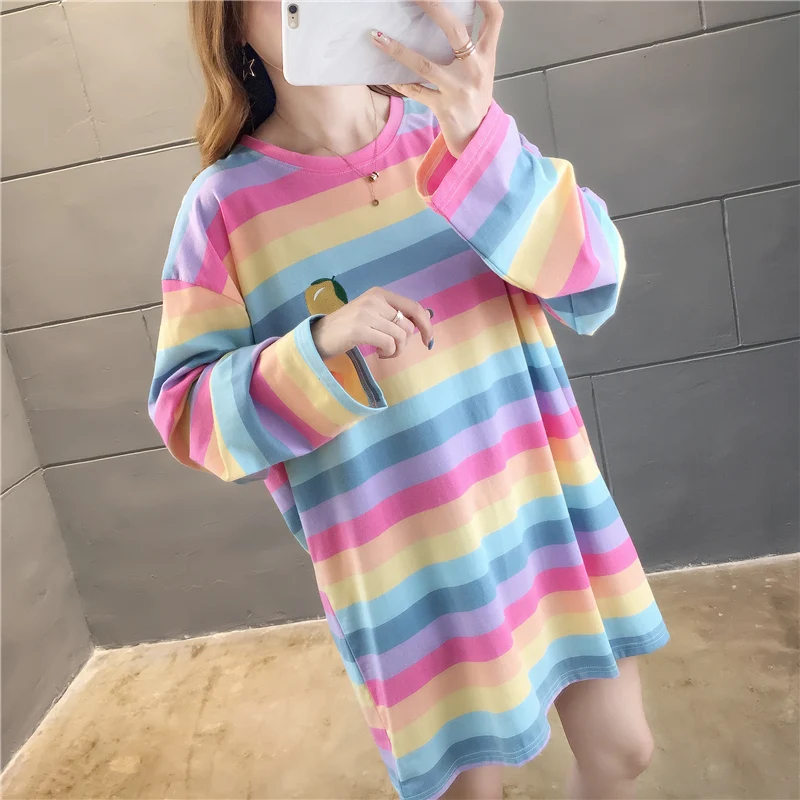 Harajuku Kawaii Rainbow Striped Oversized Long Sleeve T-Shirt Harajuku Kawaii Rainbow Striped Oversized Long Sleeve T-Shirt