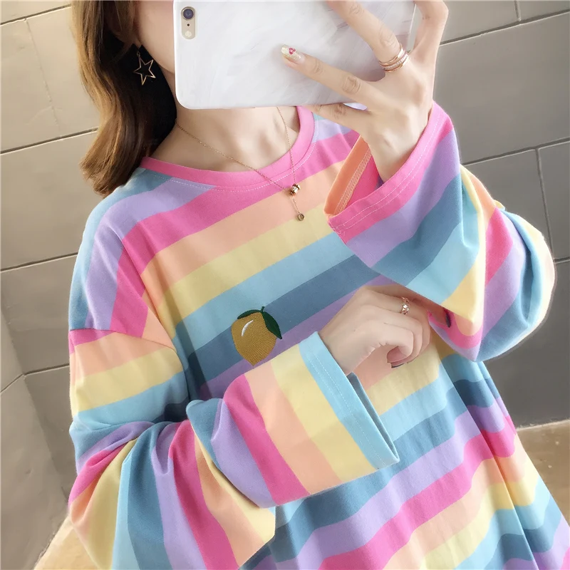 Harajuku Kawaii Rainbow Striped Oversized Long Sleeve T-Shirt Harajuku Kawaii Rainbow Striped Oversized Long Sleeve T-Shirt