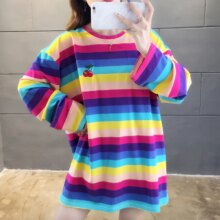 Harajuku Kawaii Rainbow Striped Oversized Long Sleeve T-Shirt Harajuku Kawaii Rainbow Striped Oversized Long Sleeve T-Shirt