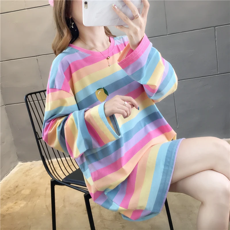 Harajuku Kawaii Rainbow Striped Oversized Long Sleeve T-Shirt Harajuku Kawaii Rainbow Striped Oversized Long Sleeve T-Shirt