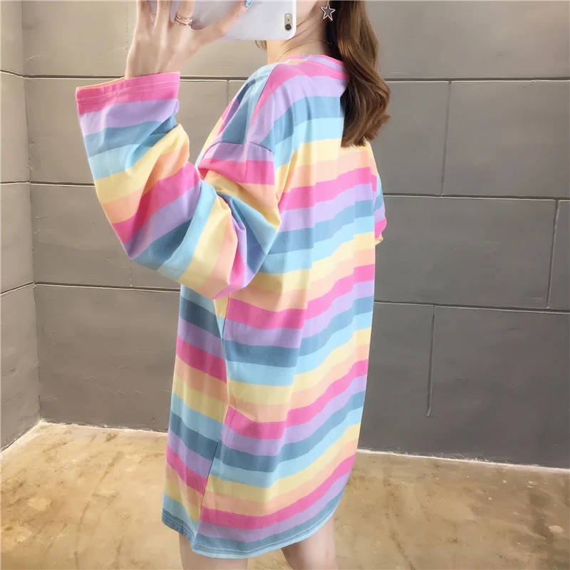 Harajuku Kawaii Rainbow Striped Oversized Long Sleeve T-Shirt Harajuku Kawaii Rainbow Striped Oversized Long Sleeve T-Shirt